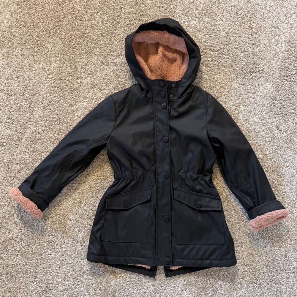 Urban Republic Black Raincoat Pink Sherpa Lined Hooded Parka Jacket Girls 6X